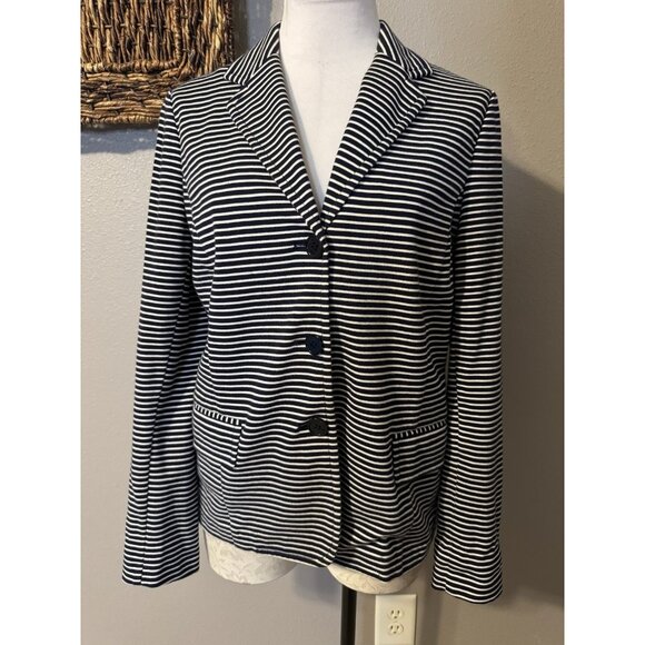 Talbots Suit Jacket Blazer L Large Navy Blue Ivory Stripe Unlined Cotton Blend - Picture 4 of 11